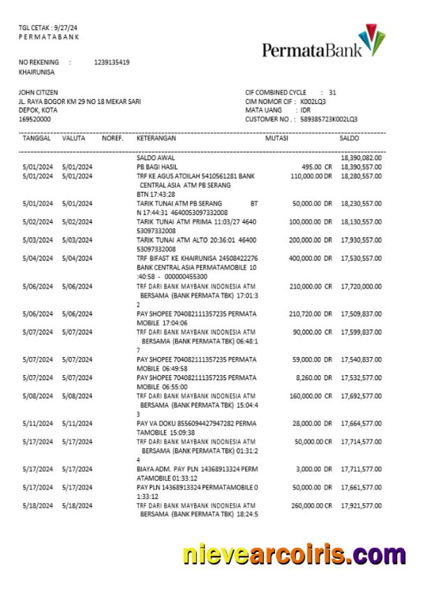 Indonesia Permatabank statement Word and PDF example